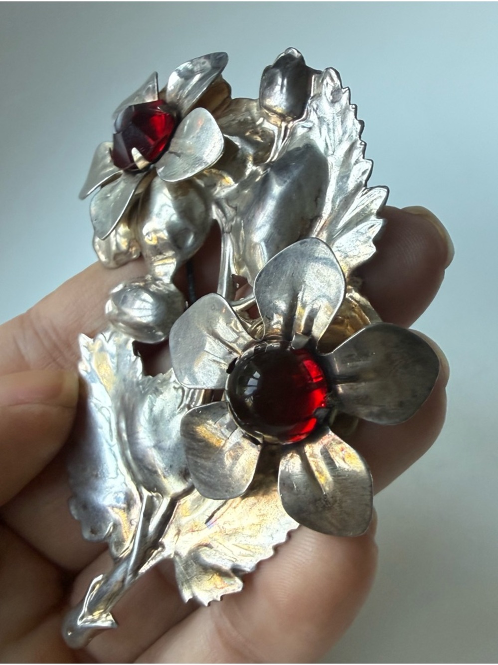 Vintage Gold Over Sterling Silver Large Red Cabochon Floral Bouquet Brooch Pin - Picture 3 of 16